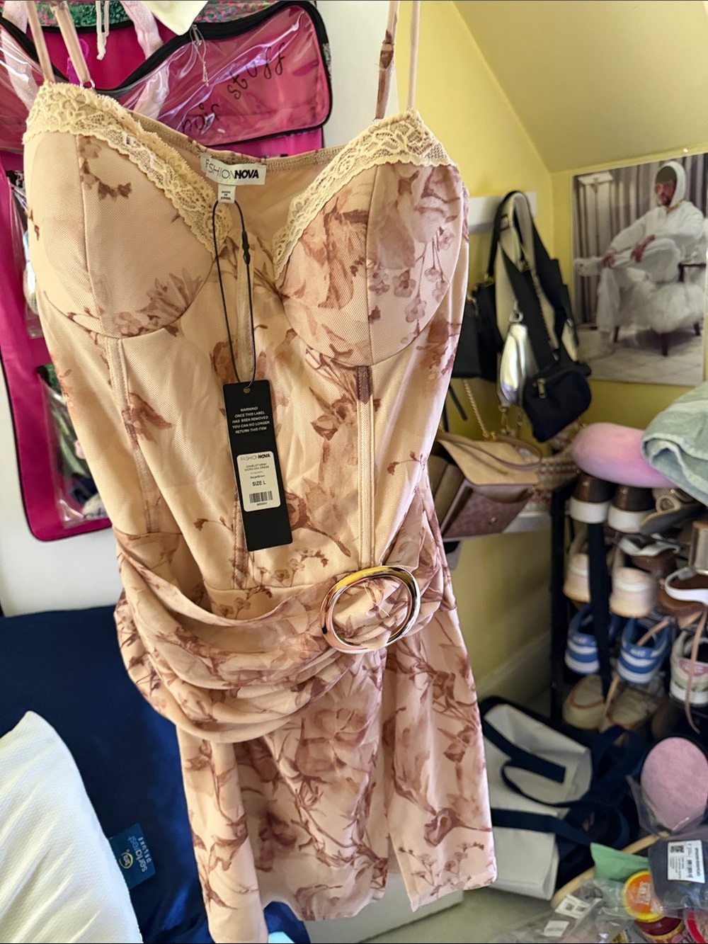 Fashion Nova Blush Floral Strapless Mini Dress with Gold Buckle